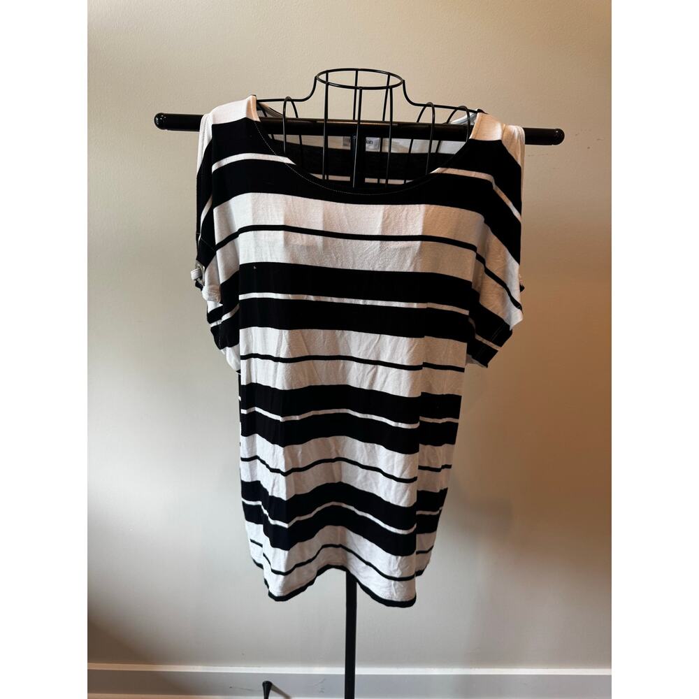 Calvin Klein Black White Striped Top Medium Nautical Buckle Sleeve Blouse